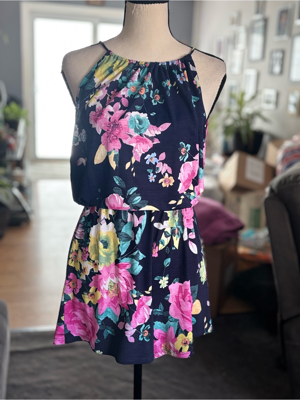 Pink Lily Navy Floral Halter Romper